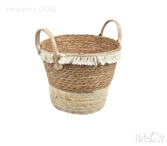 Плетена кошница, бежова, с плитка и дръжки, 23х20см, снимка 1 - Саксии и кашпи - 44506702