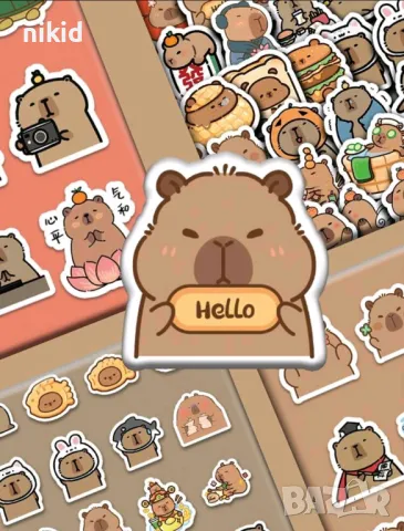 64 бр Капибара Capybara самозалепващи лепенки стикери за украса декор картонена торта и др, снимка 3 - Други - 49584478
