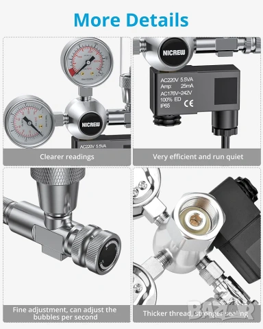 NICREW Аквариумен CO2 Регулатор с Двоен Манометър и Соленоид (W21.8), снимка 4 - Аквариуми - 53381292