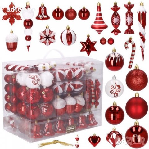 Коледни топки за украса, украса за елха МЕГА, 152 броя, в червено, коледна украса, снимка 4 - Декорация за дома - 34160349