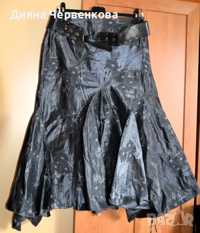 👗Дамска тъмносива сатенена пола с бродерия - цветя; Over size L÷XL, БГ №46÷48, снимка 2 - Поли - 42340445