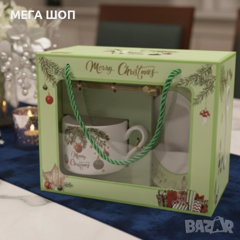 Коледен подаръчен комплект – Керамична чаша  с лъжичка и чинийка в празнична кутия