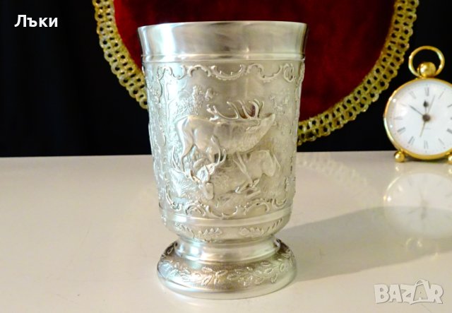 Бокал от калай с ловец и елени 10 см. , снимка 3 - Антикварни и старинни предмети - 41694858