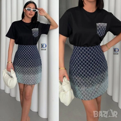 дамски комплекти с камъни тениска и пола gucci 