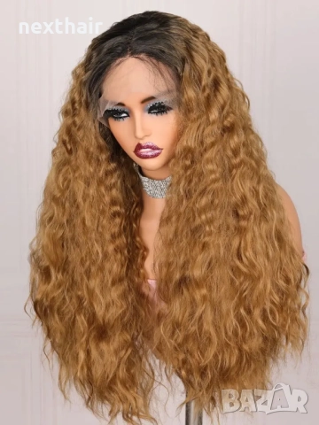 Медено руса омбре перука с черни корени лейс фронт дантела 13*4*1, снимка 2 - Аксесоари за коса - 51436121