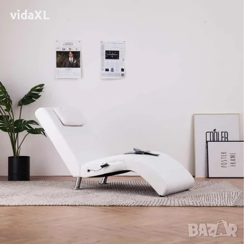 vidaXL Масажираща кушетка с възглавница, бяла, изкуствена кожа, снимка 2 - Кушетки - 56146498