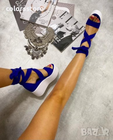 Сандали на платформа - син велур - 301-K