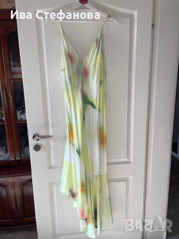Разкошна сатенена лимонено жълто зелена свежа елегантна дълга асиметрична парти  сатен 100% визкоза , снимка 8 - Рокли - 41673550