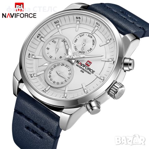Мъжки часовник Naviforce, Кожена каишка, Син / Сребрист, снимка 2 - Мъжки - 41686516