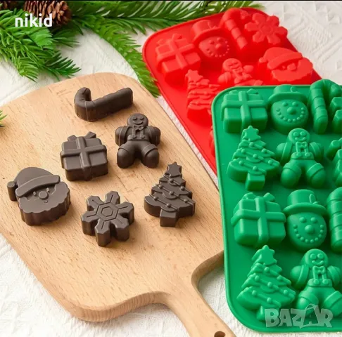 Снежинка Бастун елха Дядо Коледа подарък снежен Коледен силиконов молд форма фондан бонбони шоколад, снимка 2 - Форми - 47455104