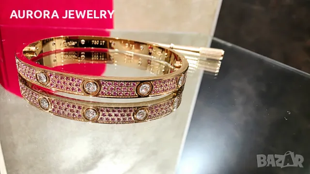 CARTIER Love Paved Capsule Rose Gold 10 Pink Sapphires Diamonds Гривна с Отверка, снимка 6 - Гривни - 56017635