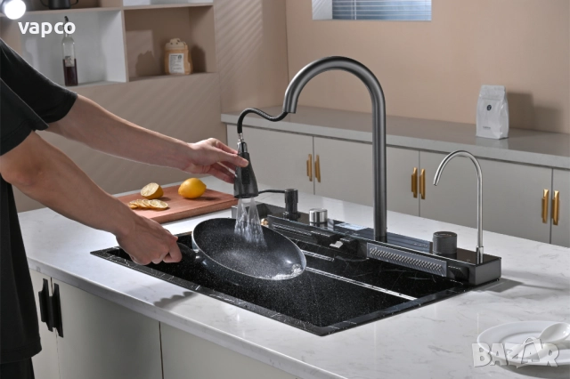  Черен мрамор - Мултифункционална кухненска мивка с двоен водопад , снимка 9 - Мивки - 52128188