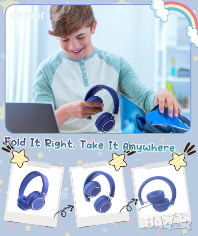 Детски слушалки SMEIWANR регулируеми, сгъваеми, с микрофон, 3,5 mm TRRS/USB C адаптер, тъмно синьо, снимка 2 - Други - 44913912