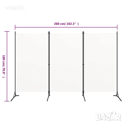 vidaXL Параван за стая, 3 панела, бял, 260x180 см, плат, снимка 4 - Паравани - 56146699