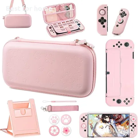 Комплект аксесоари в розов калъф 10в 1  съвместим с Nintendo Switch, снимка 4 - Аксесоари - 49976568