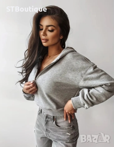 🧥 Дамски суичър с качулка и цип – Сив  | STBoutique 💎 