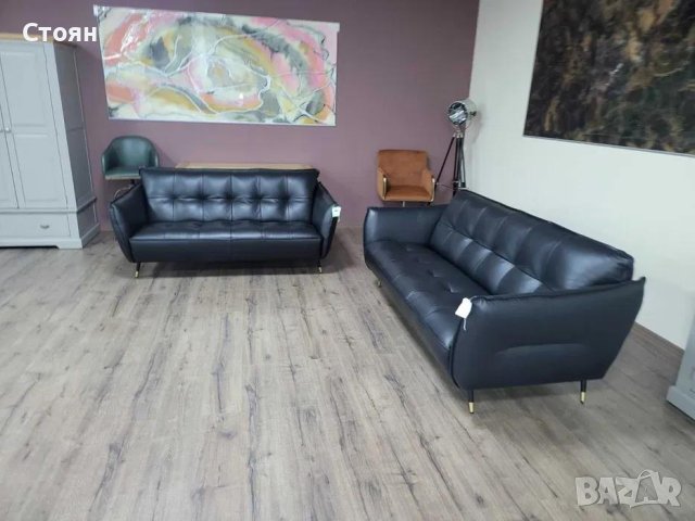 Италиански черен кожен комплект дивани тройка и двойка, снимка 3 - Дивани и мека мебел - 44297903