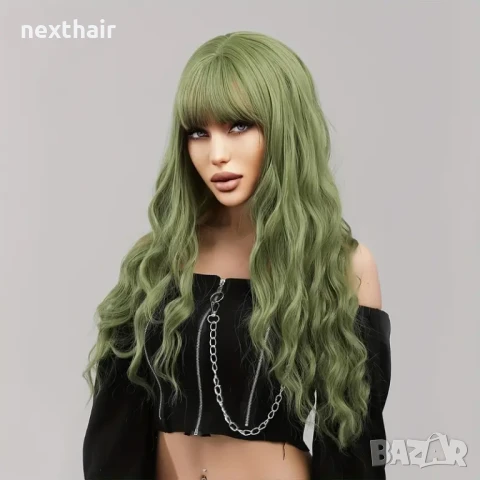Зелена аниме къдрава перука с бретон