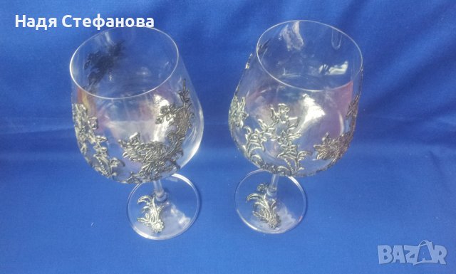 Две кристални сватбени  чаши Бохемия bohemia с метални орнаменти неползвани, снимка 5 - Други - 40455671