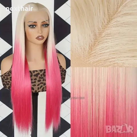 Лейс фонт права руса перука два цвята с розови краища, снимка 2 - Аксесоари за коса - 49577690