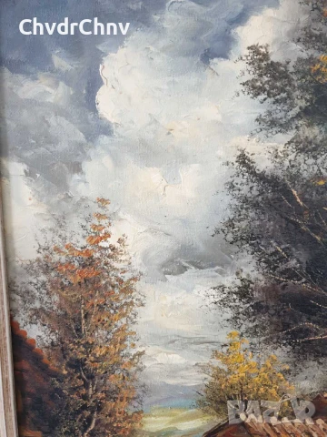 80х68см/голяма картина масло върху платно/горски пейзаж/къщи-река-дървета/дървена рамка, снимка 4 - Картини - 50852750