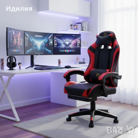 Удобен геймърски стол с поставка за крака и масажна лумбална възглавница, Черно-червен, снимка 2 - Столове - 53474394