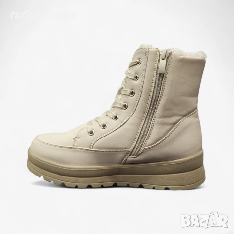 Дамски бежови боти с връзки и цип и топъл каракул модел: b1103-2 beige, снимка 2 - Дамски боти - 52876528