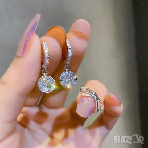 Обеци с кръгли циркони - висящи, снимка 2 - Обеци - 42075979