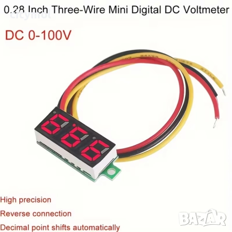 Цифров LED волтметър, 0-100V, 3 проводника, снимка 2 - Друга електроника - 52286759