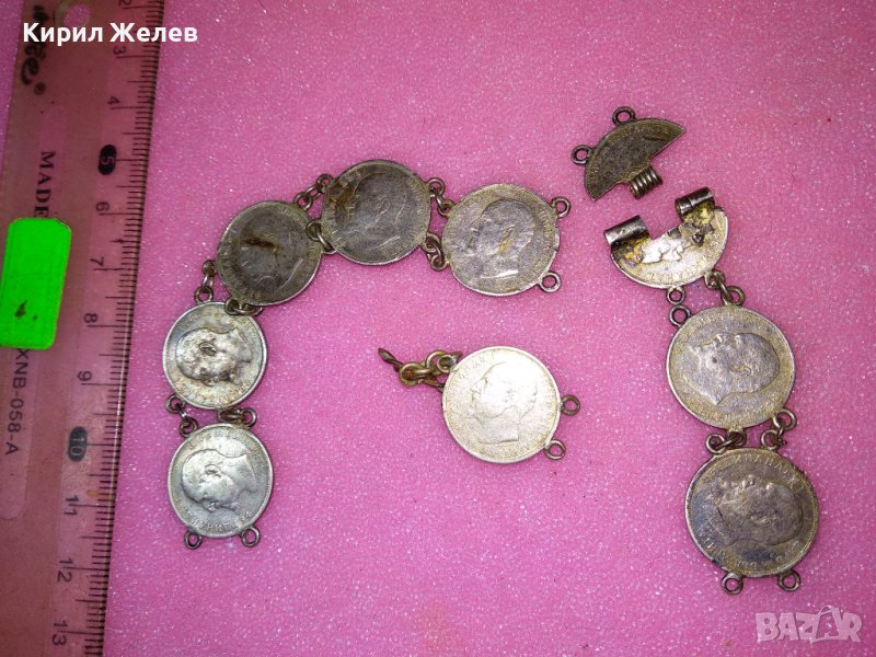 СТАРИННА СРЕБЪРНА ГРИВНА със СРЕБЪРНИ МОНЕТИ на ЦАР ФЕРДИНАНД I  Царство БЪЛГАРИЯ РЪЧНА РАБОТА 43081, снимка 1