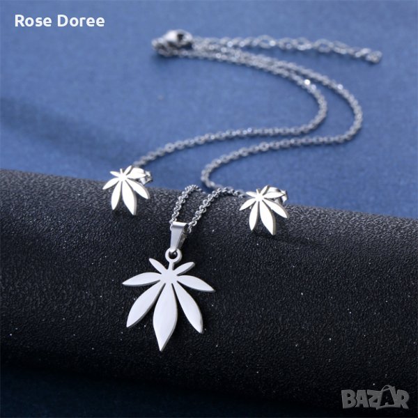 RD 360 Комплект Марихуана бижута обеци и колие в сребристо медицинска стомана подарък, снимка 1