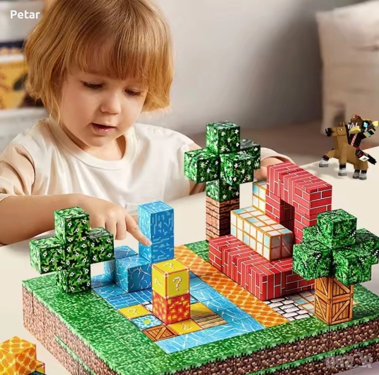 Магнитни Кубчета Майнкрафт 100 бр.+ 5 героя  Magnetic Blocks Minecraft, снимка 1