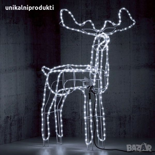 Коледен светещ 3D елен 1.2м х 1м с автоматично въртяща се глава с флаш ефект студено бяла светлина, снимка 1