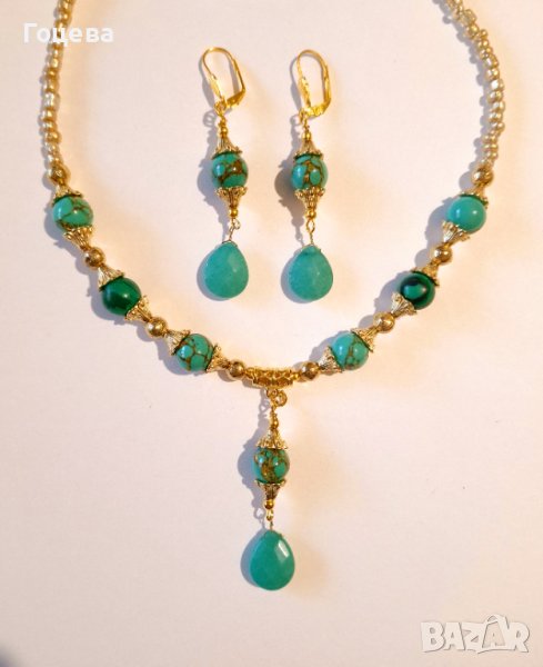 Разкошен комплект бижута обици и колие с камъни Нефрит и Азурит и орнаменти в цвят Антично злато, снимка 1