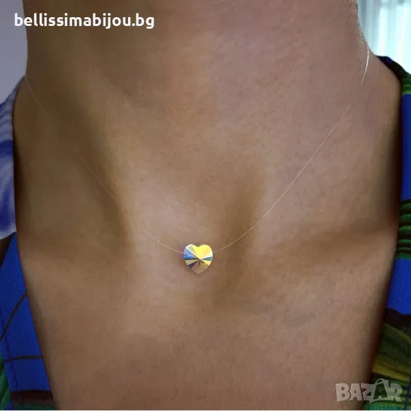 Дамско Нежно Колие на Прозрачна Корда със Сърце Сваровски, снимка 1