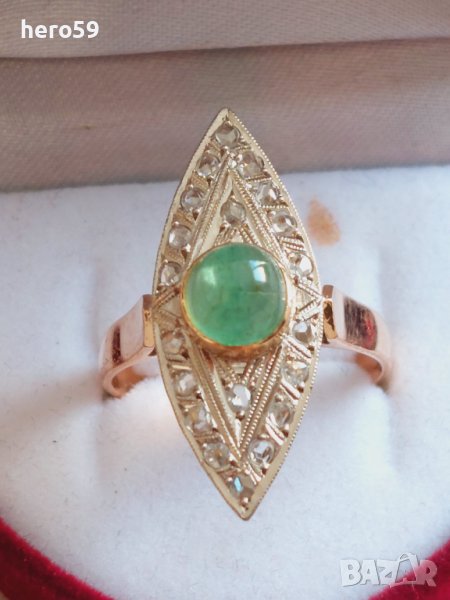 Стар златен пръстен с диаманти и изумруд злато 18к, снимка 1