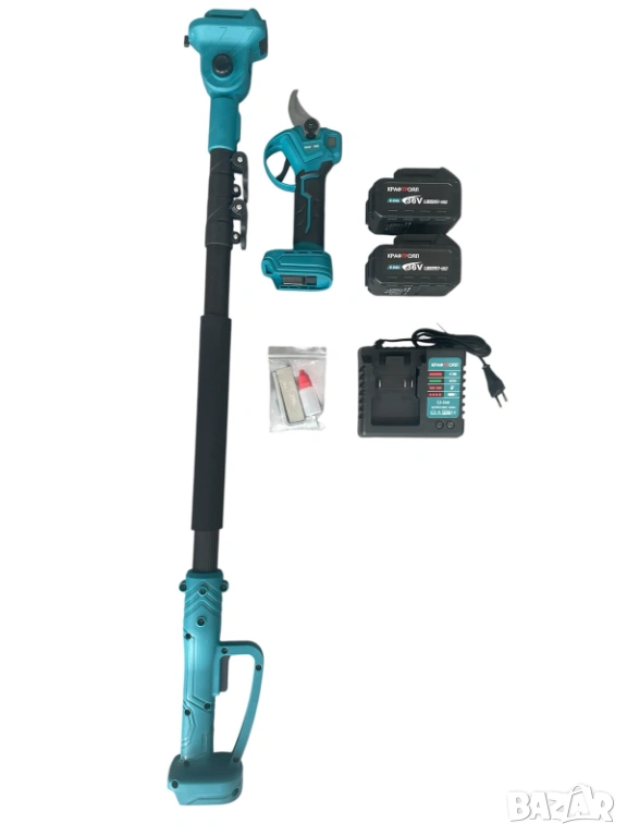 Комплект акумулаторна лозарска ножица с телескопичен прът 2 в 1 36V 8Ah KraftRoyal, снимка 1