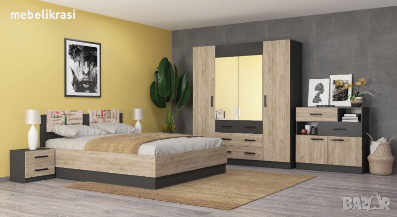 Спален комплект Мока с матрак 160/200 см, тапицирани възглавнички, огледала,плавно затваряне, антрац, снимка 1