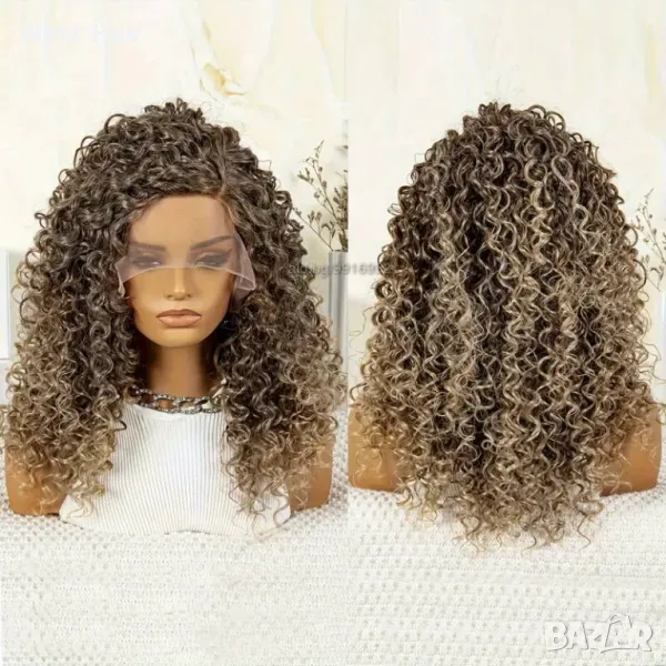 Кафява омбре къдрава перука с руси краища лейс фронт 13*4*1, снимка 1