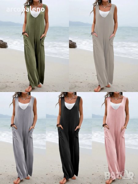 Дамски моден гащеризон с джоб с кръпка, широки панталони с V-образно деколте, 5цвята , снимка 1