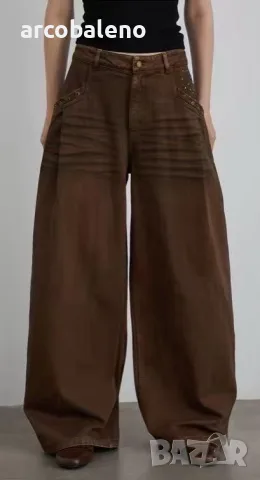 Дамски широки кафяви дънки (Baggy Jeans) с ефект на измиване (sandblast) , снимка 7 - Дънки - 50154490