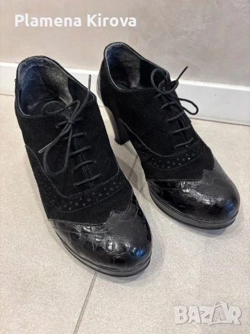 Затворени обувки с дебел ток | Номер 39 | Еко кожа + велур, снимка 4 - Дамски обувки на ток - 53406581