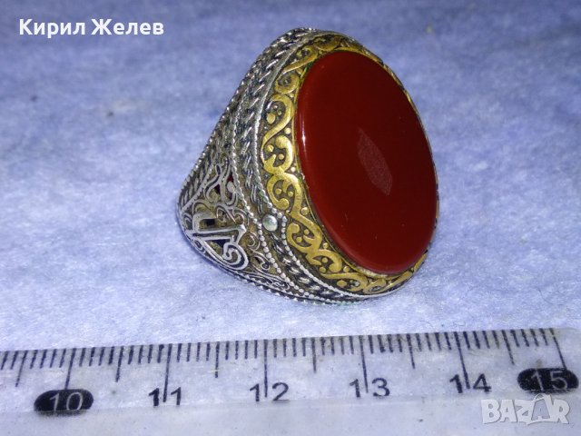 ОГРОМЕН СТАР ТУРСКИ СРЕБЪРЕН СКЪПОЦЕНЕН РЕТРО ПРЪСТЕН СРЕБРО 925 с ПОЛИРАН КАРНЕОЛ в ПОЗЛАТА 30747, снимка 2 - Антикварни и старинни предмети - 40575365