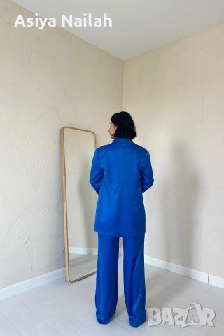 Дамски син костюм от две части – сако и панталон с ластик, снимка 3 - Костюми - 52792850