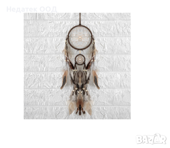  Декоративен, висящ ловец на сънища, пера и дървени мъниста, 11x40 см, снимка 1
