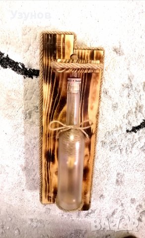 Ръчно изработена лампа за механа или барбекю от дърво, въже и стъклена бутилка., снимка 4 - Лампи за стена - 40978564