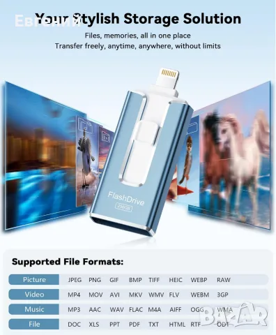Флаш памет SUDEHO MFi 256GB, 3-в-1 USB-C стик за Apple и Android, син Сертифицирана MFi памет, Light, снимка 5 - USB Flash памети - 55907413