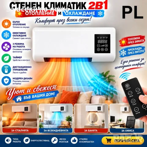 Стенна печка 2в1 за отопление и охлаждане 1500W с PTC нагревател, дистанционно Код P3010, снимка 2 - Отоплителни печки - 56058775