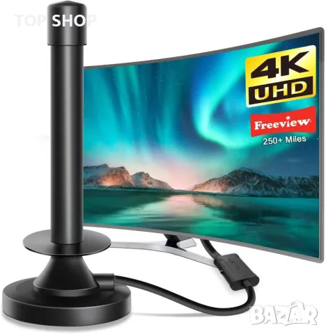 Вътрешна телевизионна антена Fivglrig, 360° и 400+ километра приемане, магнитна основа