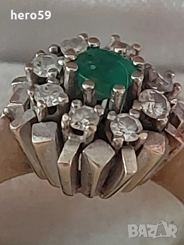 Дамски златен 14 к пръстен с брилянти и изумруд(диаманти), снимка 3 - Пръстени - 36055384